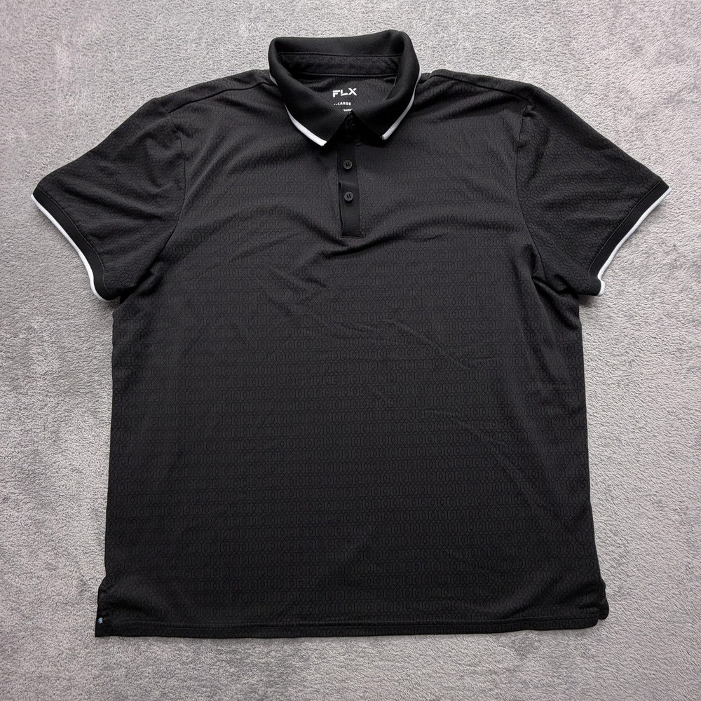 FLX‎ Polo Shirt Mens XL Black Geometric Urban Commuter Performance Short Sleeve